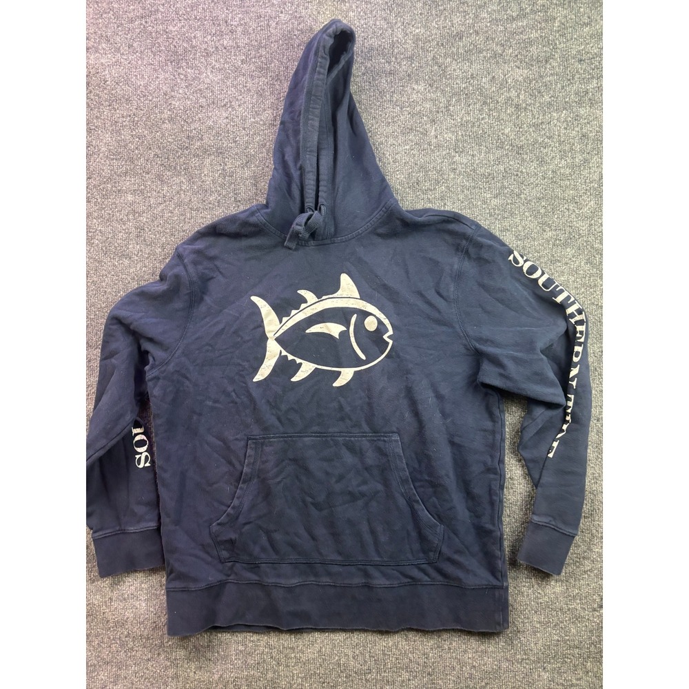 Southern Tide Hoodie Mens Large Navy Blue Skipjack Graphic Sleeve Print Pullover